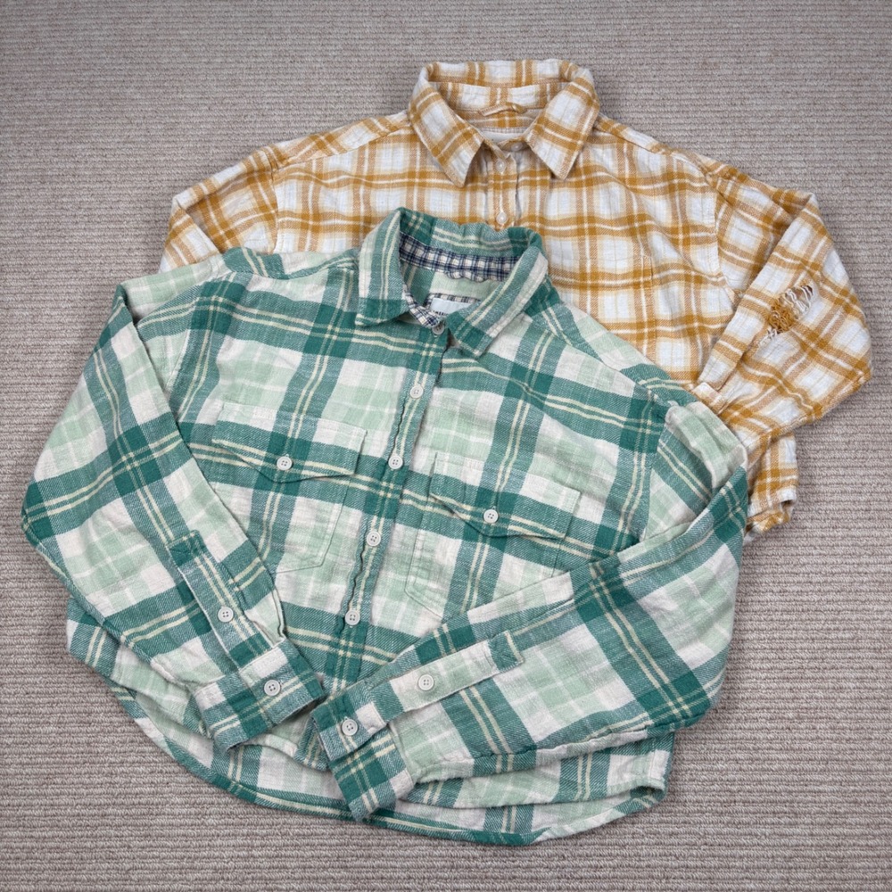 American Eagle Flannel Shirt Lot Women XS Green Yellow Plaid Grunge Boho Gorp